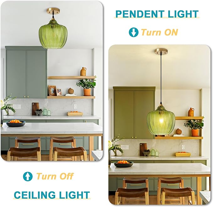 Modern Gold Pendant Light, Green Glass Farmhouse Kitchen Island Pendant Light Fixture Adjustable Vintage Hanging Ceiling Light for Dining Room Corridor 9.45 inch 1 Pack, UL Certification