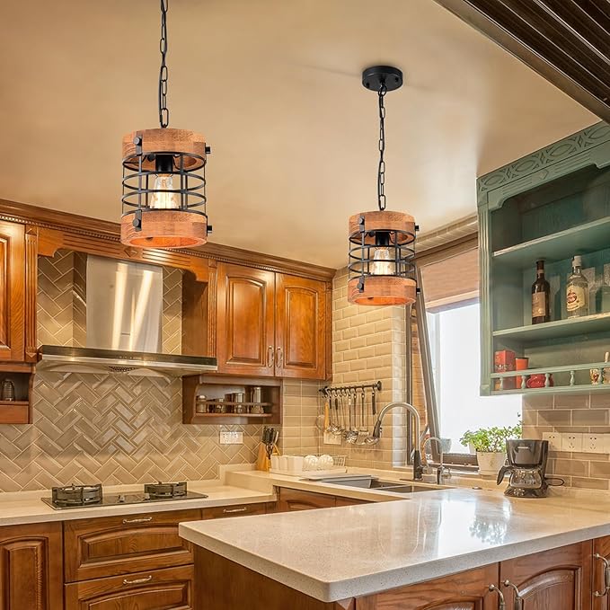 Wood Pendant Light Fixtures, Rustic Farmhouse Chandelier, Dining Room Light Fixture for Kitchen Island Foyer Hallway Bar, Height Adjustable