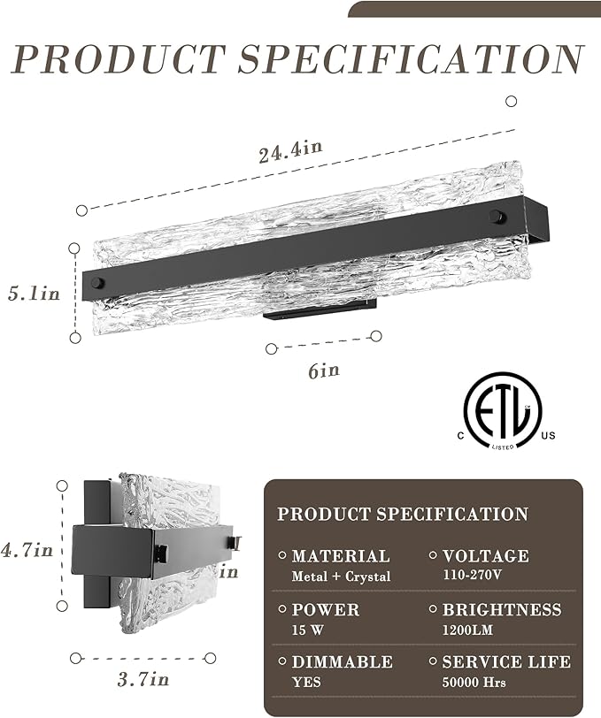 Black LED Bathroom Vanity Light, 24.4 Inch 15W Modern Dimmable Bathroom Light Fixture Over Mirror, Crystal Bar Wall Sconce Lighting for Bath, 3CCT, OS-MM5001-3BK