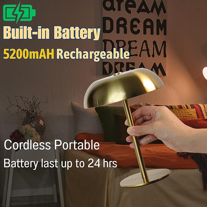 Portable LED Mushroom Table Lamp, 8.46'' Metal Small Cordless Desk Night Light with 5200mAh Rechargeable Battery, Stepless Dimming Lamp with 3 Colors for Bedroom/Bar/Coffee Shop (Gold)