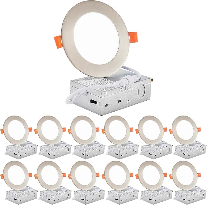DLLT LED Recessed Ceiling Lights: 12 Pack 4 Inch 5CCT Ultra-Thin Lighting with Junction Box for Bedroom - 900LM Brightness 9W Eqv 80W Dimmable Canless Wafer Downlight with ETL&FCC-Nickel Brush