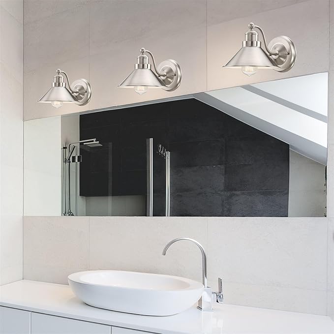 Kira Home Welton 11" Modern Farmhouse Vanity Light with Funnel Shade, Industrial Silver Wall Sconce Bathroom Light, Brushed Nickel Finish