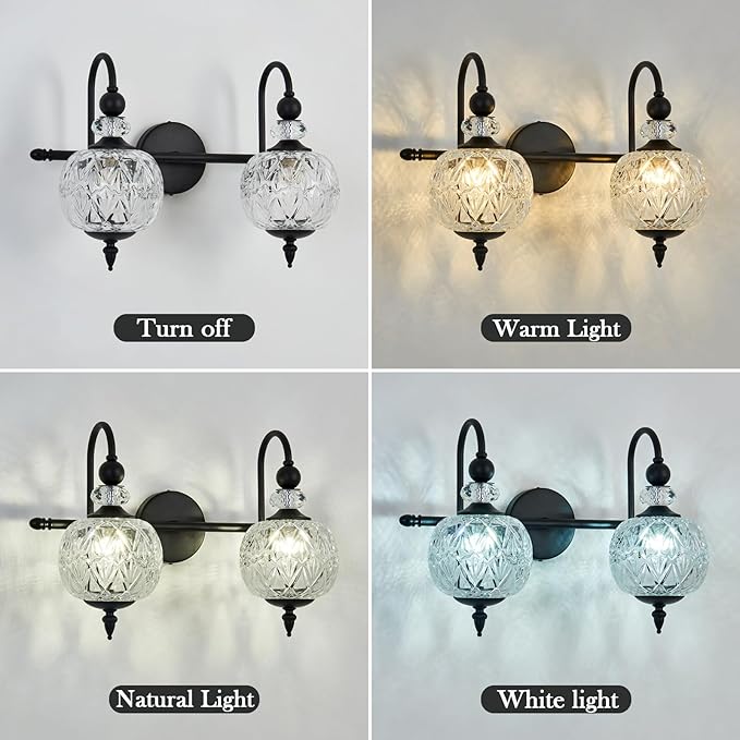 Piepooye Vintage Bathroom Light Fixtures Black Vanity Light with Glass Globe LampShade 2 Lights Mid Century G9 Bulb Wall Sconce Indoor Vanity Light Over Mirror for Kitchen Bedroom Farmhouse