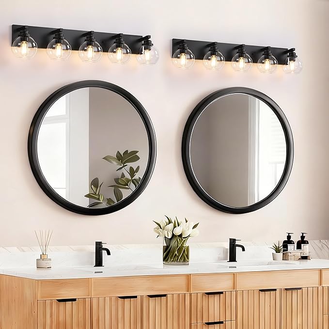 LmnLvn Bathroom Light Fixtures, 5-Light Matte Black Vanity Lights, Modern Bathroom Lighting Fixtures Over Mirror, Farmhouse Vanity Lights with Glass Shade for Living Room, Bedroom, Hallway
