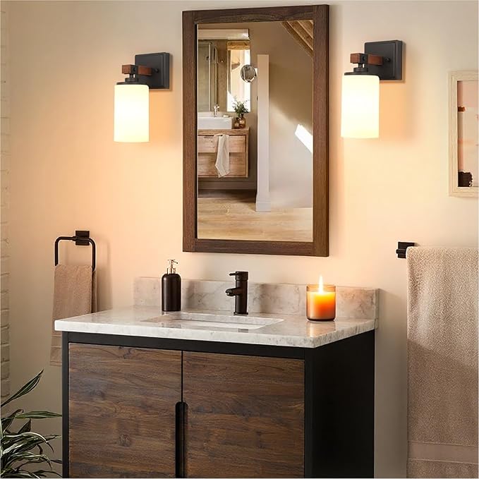 Wall Sconces Set of 2, 1 Light Farmhouse Rustic Vanity Light for Bathroom, Wood Grain Rustic Wall Lights Fixtures with White Shade for Mirror, Bedroom, Living Room, E26, Hardwired(Bulbs Not Included)