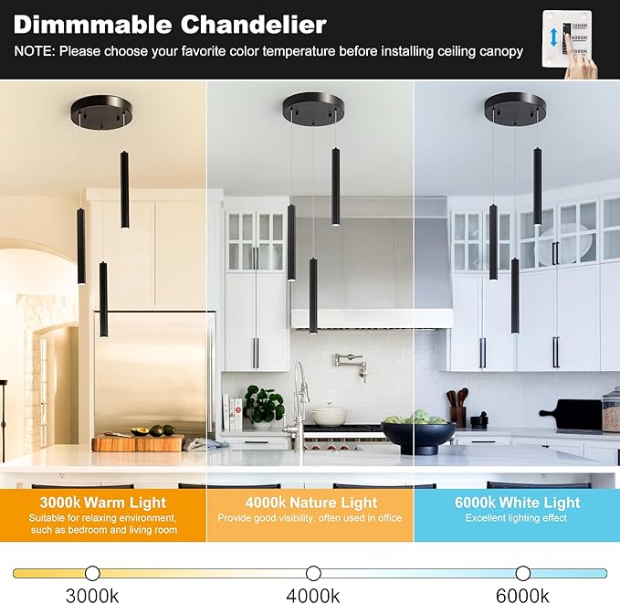 3-Light Modern Pendant Lights with Adjustable Height, Matte Black Finish Dimmable Hanging Light, 3000-6000K Pendant Lighting for Kitchen Island Dining Room (Black, 3-Light)