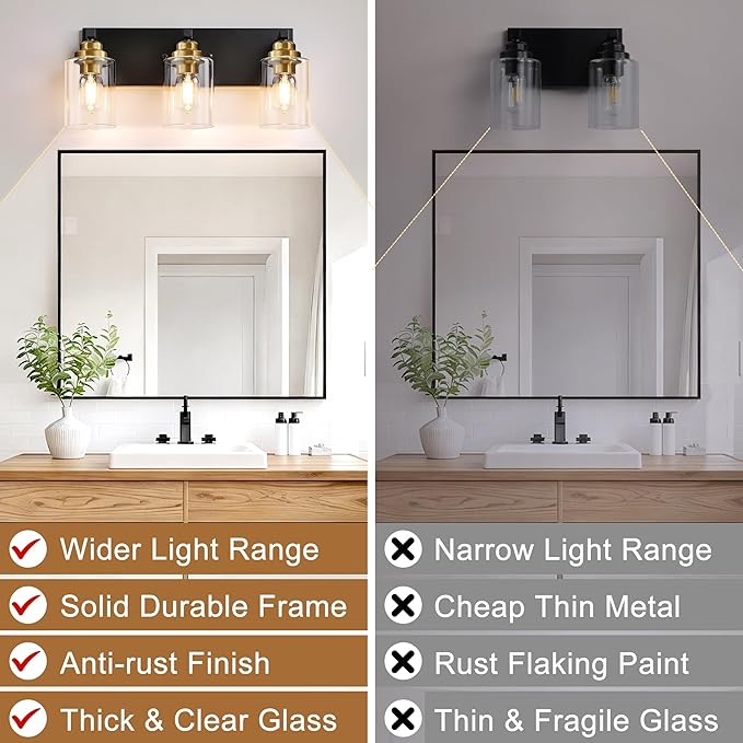 Black and Gold Bathroom Light Fixture, 3 Light Brushed Gold Vanity Light, 18.8" Modern Farmhouse Bathroom Lighting Fixtures Over Mirror, with Clear Glass Shade, Vanity Lights for Bedroom Hallway