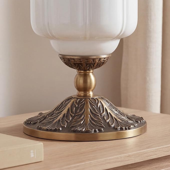 Milk Glass Table Lamp - Modern Farmhouse Design with Antique Brass Finish Base, White Desk Light for Living Room & Bedroom Decor (White 15")