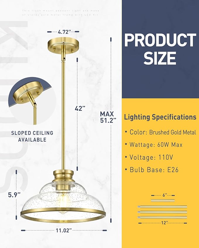 kudos 2 Pack Gold Pendant Lights Kitchen Island, 11" Brass Kitchen Island Lighting with Seeded Glass, Farmhouse Pendant Light fixtures for Kitchen Sink Dining Room Hallways, KDPL14-GD-2PK
