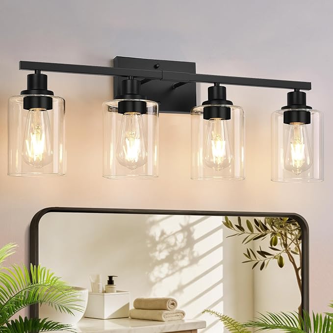 MOKATNG 4-Light Bathroom Light Fixtures, Vanity Light with Clear Glass Shades, Matte Black Bathroom Light Fixtures Over Mirror, Modern Bathroom Wall Lamp for Mirror Living Room Cabinet Bedroom
