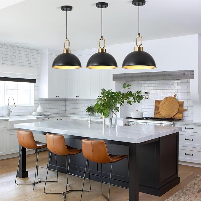 Vintage Pendant Light Fixture, Matte Black Pendant Lights Kitchen Island 12.2In Farmhouse Industrial Adjustable Height Chandeliers for Dining Living Room Hallway 1 Pack