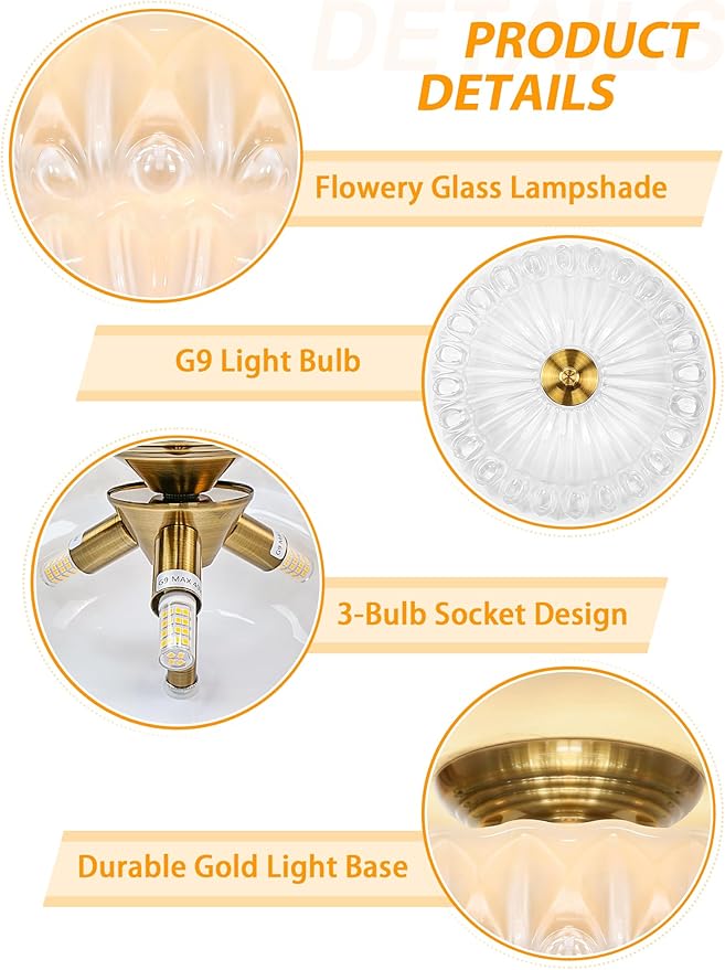 Semi Flush Mount Ceiling Light,11IN Vintage Gold Hallway Lights Fixture,3-Bulb Globe Milk Glass Close to Ceiling Light for Bathroom, Hallway, Dining Room,Bulb Not Included