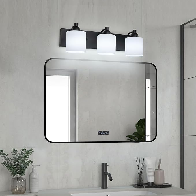 Mecgirn Milk Glass Vanity Lights for Bathroom, 3 Light Matte Black Bathroom Light Fixtures Over Mirror, Ceramic E26 Sockets Wall Mounted