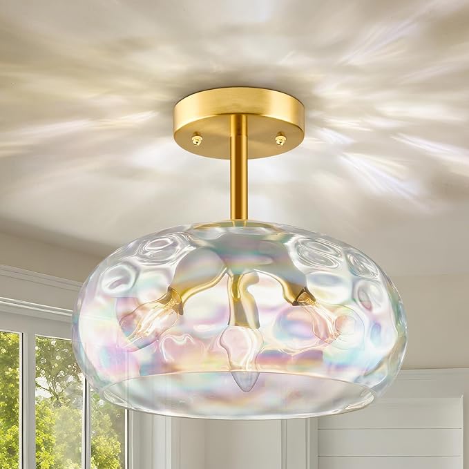 Gold Semi Flush Mount Ceiling Light, 12''& 3-Bulb Vintage Ceiling Light Fixture, Stained Glass Shade Hanging Hammered Lampshade for Hallway, Kitchen, Farmhouse, Foyer, Bedroom - Bulbs Not Included