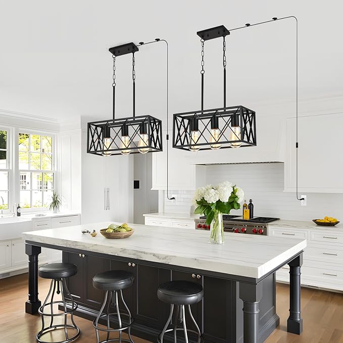 Black Plug in Pendant Light，3-Light Dining Room Light Fixture Over Table,Plug in Ceiling Light for Kitchen Sink，Industrial Metal Kitchen Pendant Lighting Over Island.