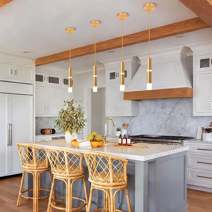 2 Pack Modern Pendant Light, 7W LED Kitchen Island Light Light-Luxury Brass Cylindrical Hanging Lamp Long Tube Pendant Lights for Dining Room Living Room Sloped Ceiling (3000K)