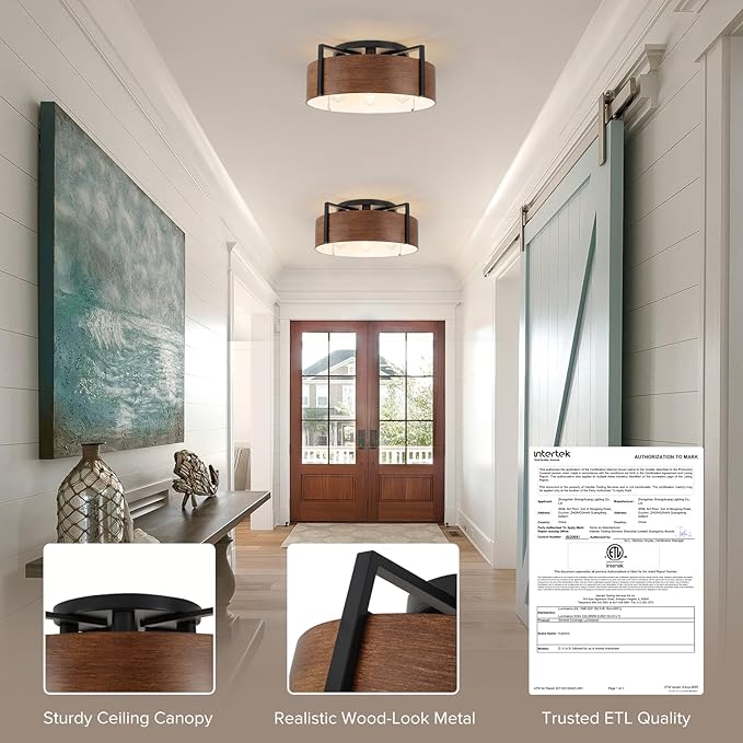 20'' Farmhouse Semi Flush Mount Ceiling Light, 4-Light Rustic Hallway Entryway Light Fixtures, Metal Wood Grain Finish Close to Ceiling Lights for Kitchen Dining Room Bedroom Living Room Foyer