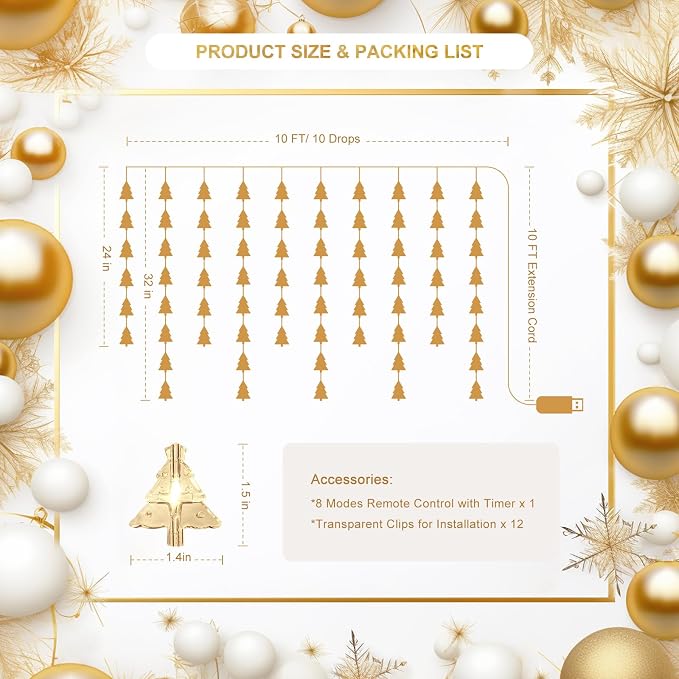 Christmas Tree Curtain Lights, Warm White Window Lights 70 LEDs Hanging Light with Remote Fairy Led Twinkle String Lights Home Bedroom Wall Ceiling Décor for Christmas, Wedding, Party