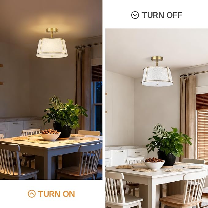 13'' Semi Flush Mount Ceiling Light Fixture,3-Light Gold Light Fixtures Ceiling Mount with Linen Drum Fabric Shade,Modern Close to Ceiling Lamp for Bedroom Dining Room Kitchen Hallway (Adjustable)