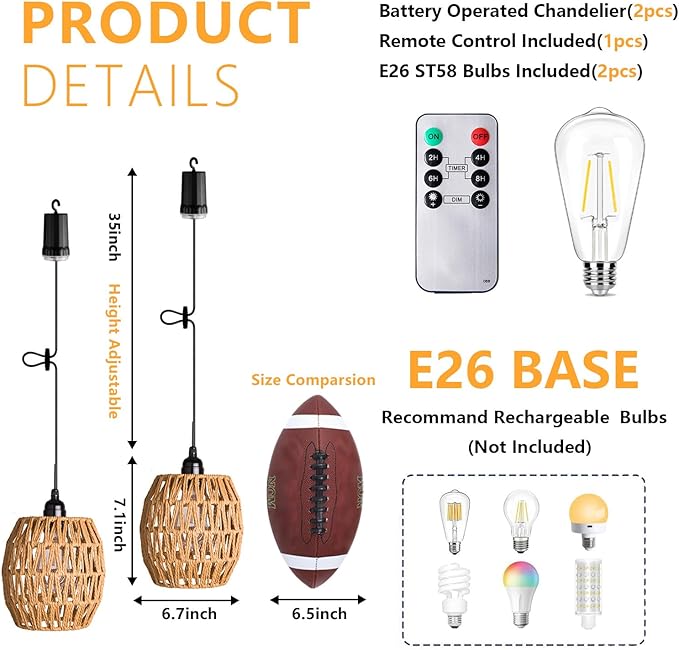 Battery Operated Chandelier, 2 Pack Natural Rattan Pendant Lights - Waterproof Outdoor Boho Hanging Lamps with Egg-Shaped Design, for Patios, Pergolas, Porch, Gazebo & Indoor Ceiling Decor