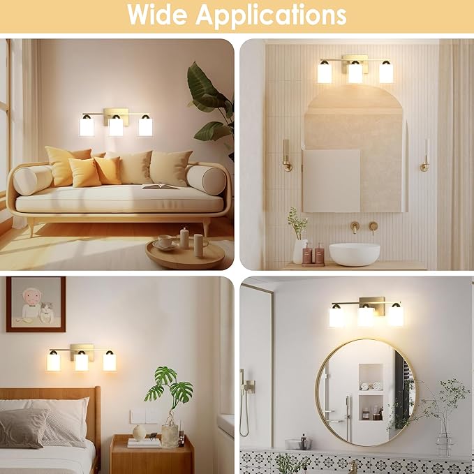 Quntis Gold Bathroom Light Fixtures, 3 Light Modern Vanity Lights Over Mirror, 5 Colors & Stepless Dimmable LED Bathroom Lighting with Milk White Frosted Glass, 16 Inch (Bulbs Included)