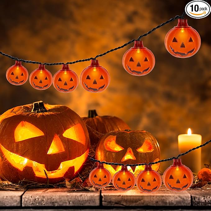 Abeja Pumpkin String Lights, 8.5Ft Halloween String Lights with 10 Smiling Jack O Pumpkins Lights, Plug in Outdoor Orange Pumpkin Decoration Lights for Halloween Party Holiday Decor