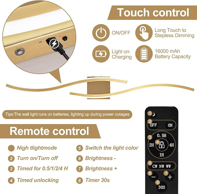 Modern LED Wall Sconce Set of Two, Dimmable Battery Powered Wall Sconces, 3000K-6500K Wireless Wall Light, Rechargeable Wall Lamp Indoor not Hardwired for Room Bedroom Corridor, 39.3in(Gold)
