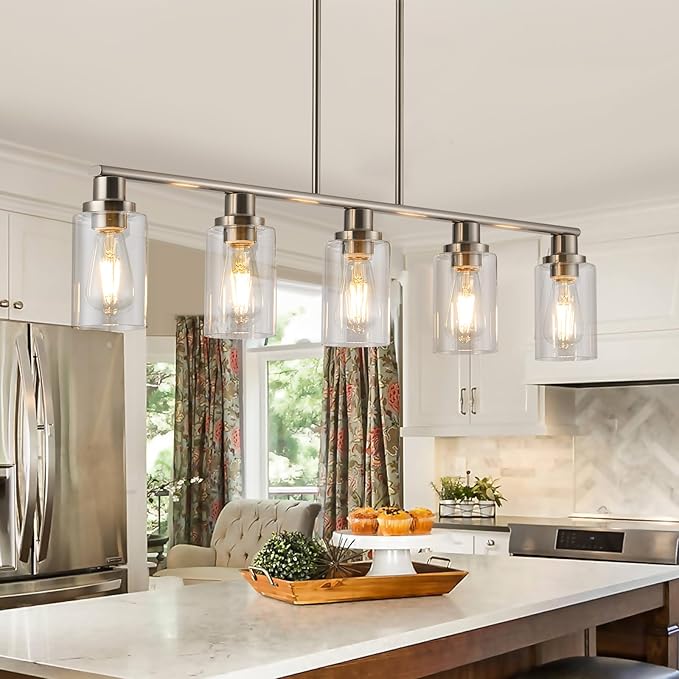 Kitchen Island Pendant Lighting, 5-Light Farmhouse Dining Room Light Fixture Over Table, Brushed Nickel Finish with Clear Glass Shade, Rustic Industrial Linear Chandelier for Kitchen Island