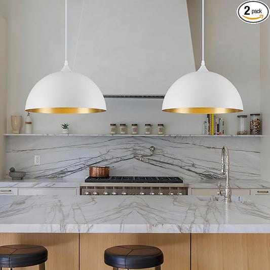 White Pendant Lights Kitchen Island 2 Pack, 14 Inch Large Dome Pendant Light, White and Gold Farmhouse Pendant Light, Island Pendant Lights for Kitchen, Dining Room