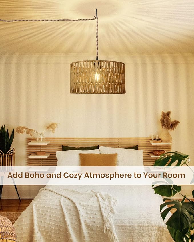12.6 Inch Boho Hanging Light with Plug in Cord Rattan Hanging Lamp Hand Woven Rattan Wall Lightfor Bedroom, Living Room, Kitchen, Nursery, E26 Base, Indoor,Without Bulb