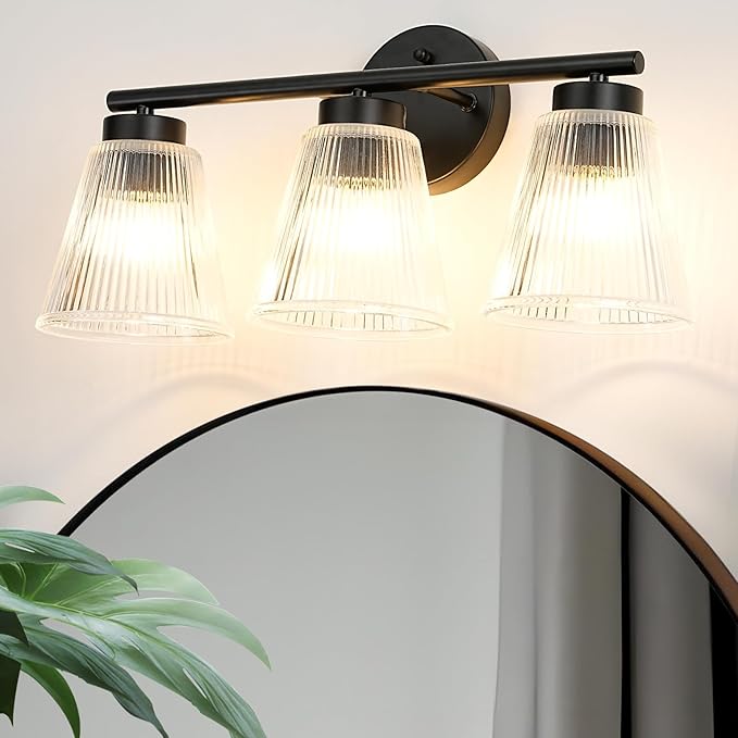 OCIOC Black Bathroom Vanity Lights, 3-Light Modern Bathroom Light Fixtures with Striped Glass Shade, Bathroom Wall Lamp over Mirror, for Living Room, Bedroom, Hallway,Cabinet Porch