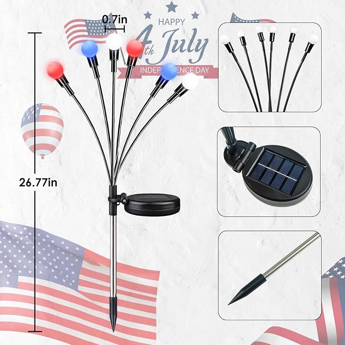 OZS 8 Pack Solar American Flag Lights - 4th of July Solar Garden Outdoor Waterproof Firefly Light for Memory Day, Independence Day, National Day Decoration (Red White Blue)