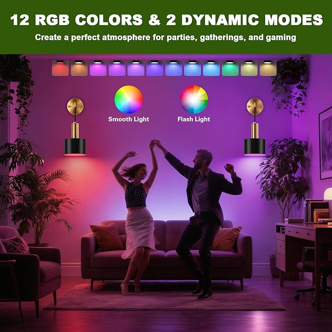 Battery Operated Wall Sconces Set of Two, Black & Gold Wireless Rechargeable Wall Lights with Remote, 15 Colors Dimmable LED Wall Lamps, Modern Cordless Sconce for Bedroom Living Room Hallway