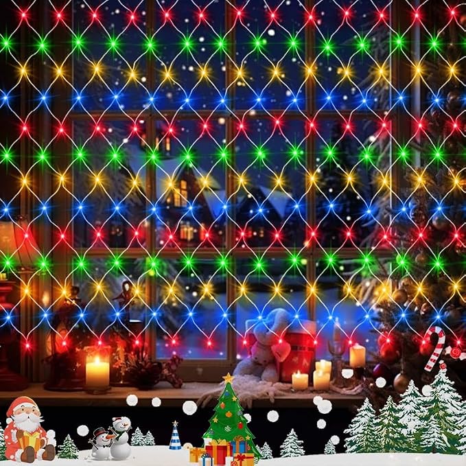 echosari Chritsmas Net Lights Battery Operated, 100 LED 4.9 x 4.9ft Outdoor Net Light Remote Timer Mesh Lights for Bush Deck Fence Wall Holiday Decor (Multicolor)