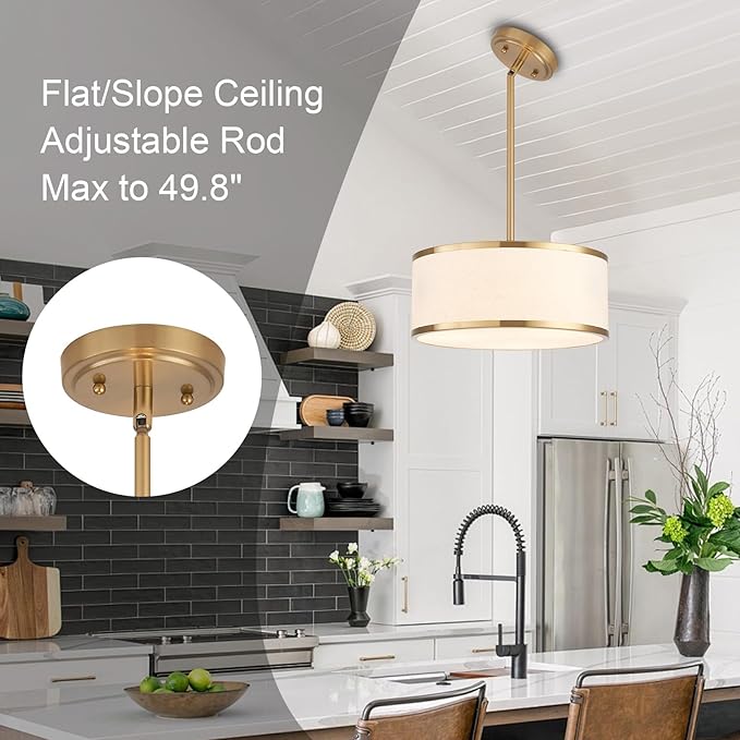 12.6" Drum Pendant Light Fixture 3-Light Gold Chandelier with Fabric Shade for Kitchen Dining Room Island Bedroom