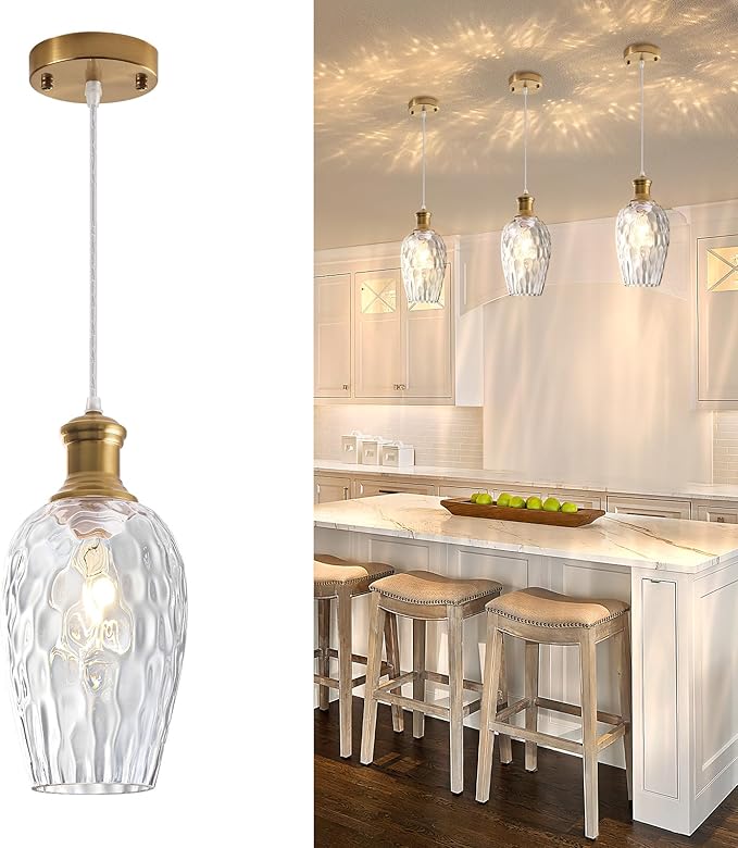 Gold Pendant Lights Kitchen Island, 6.3”Clear Hammered Glass Pendant Lights, Blown Glass Farmhouse Pendant Light 1-Pack, Kitchen Hanging Light for Kitchen Island, Living Room, Cafe