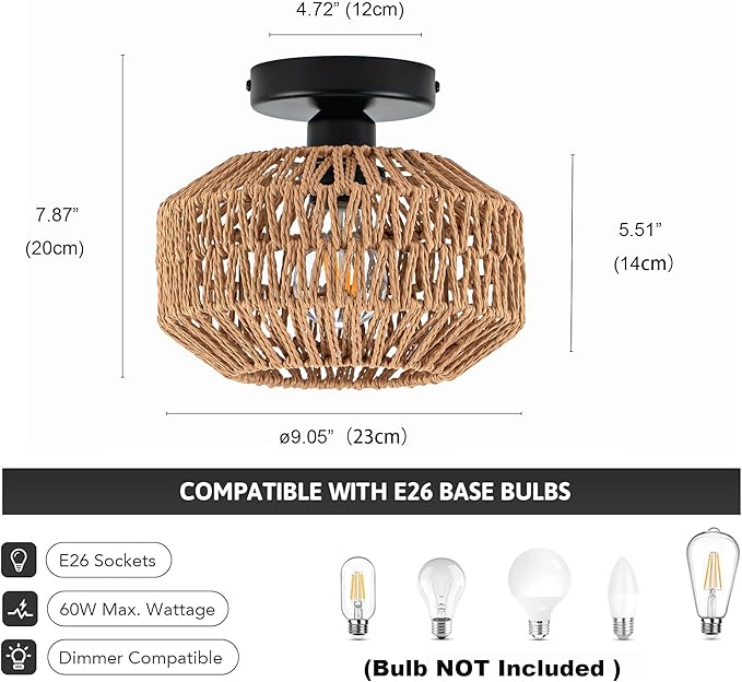 Mini Rattan Boho Ceiling Light Fixture, Small Woven Semi Flush Mount Ceiling Light, Wicker Light Fixture Hallway,Laundry Room, Closet,Nursery E26 1 Light