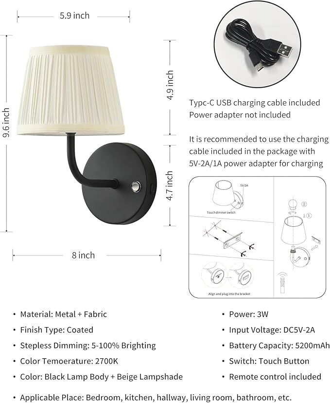 PUSU LED Cordless Black H9.6 inch Small Wall Sconces Set of 2, Rechargeable 5200mAh Battery Operated Fabric Wall Lamp with Remote, Lighting for Living Room, Bedroom, Hallway, Bathroom, Stairs, Kitchen