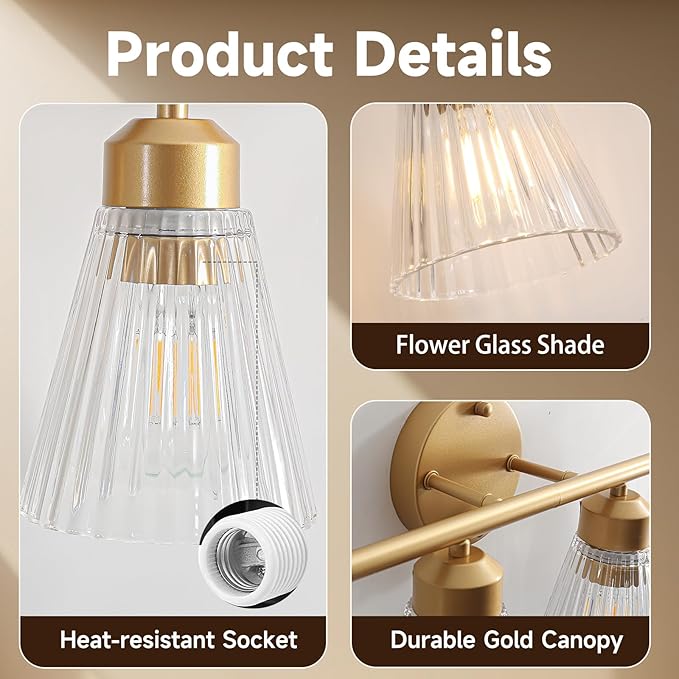 4-Light Bathroom Vanity Light, Painted Gold Bathroom Light Fixtures Over Mirror with Stripe Glass, Modern Wall Lamp, Wall Sconces Lighting for Living Room Bedroom Kitchen Hallway