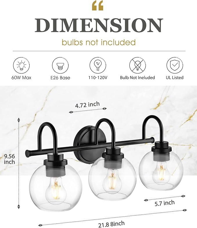 Bathroom Light Fixtures, 3-Light Matte Black Vanity Lights with Globe Clear Glass, Modern Vanity Lighting Fixtures Over Mirror, AD-22280-3W-BK