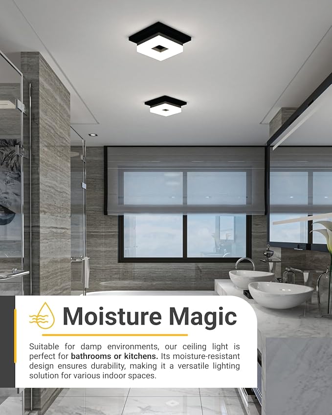 Sunco 8 Inch Square LED Flush Mount Black Ceiling Light Fixture 3000K/4000K/4500K/5000K/6500K Selectable CCT Switch, 1800LM High Brightness Damp Rated 2 Pack.