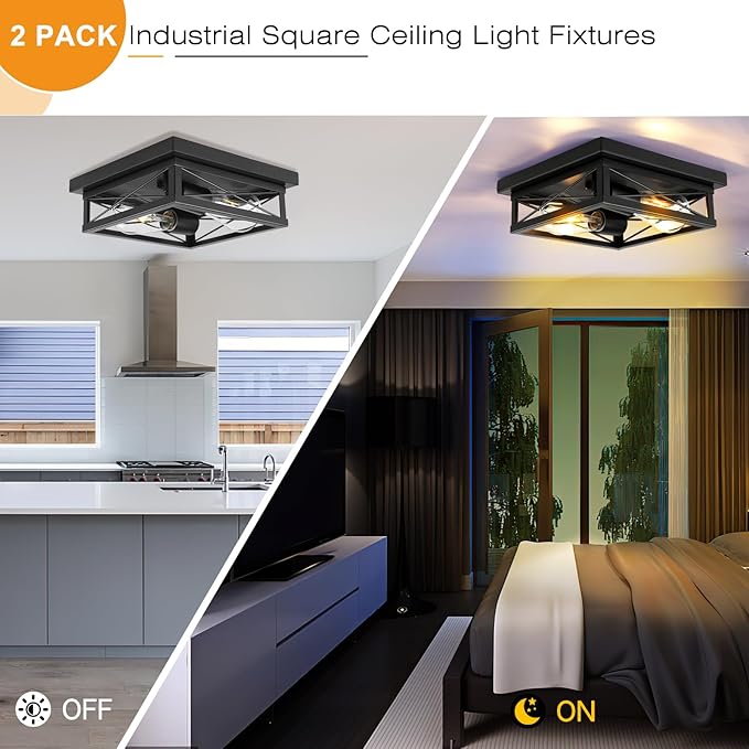 Black Flush Mount Ceiling Light 2 Pack Industrial Fixtures 2-Light Farmhouse Vintage Metal-Framed Ceiling Light for Hallway Foyer Kitchen Bedroom Living Room Laundry