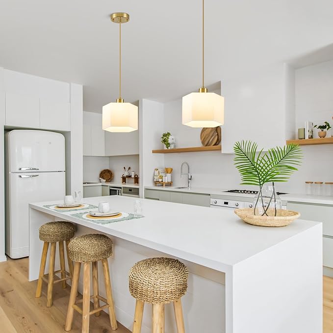 XSDeTu Milk Glass Pendant Lights Kitchen Island 2 Pack, Modern Gold Hanging Light Fixture, Mid-Century Hexagonal Ceiling Lamp, Mini Farmhouse Chandelier for Dining Room Sink Bathroom Bedroom Hallway