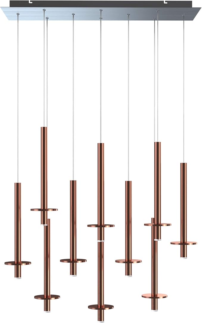 Draco 10 Pendant Lighting Copper – LED Hanging Light Fixture for Kitchen Island, Bar, Foyer – Equilateral Cluster of Mini Metal Rod Pipe Tube Cylinders – Dimmable, Adjustable Wire, Lamp Bulb Included