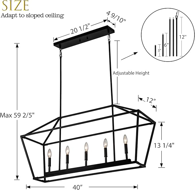 Untrammelife 5-Light Linear Pendant Light Fixture, Kitchen Island Lantern Pendant Lighting, Linear Chandelier with Adjustable Height in Coal Black Finish