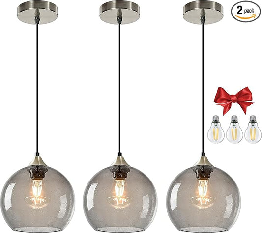 7.1in Medium Light Gray Glass Pendant Light for Kitchen Island, 3-Pack with Extra LED Bulbs & 4.92ft Adjustable Cord | Modern Minimalist Lighting for Dining Room, Living Room, Entryway
