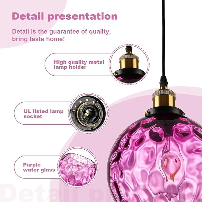 Purple Hanging Lights Plug in Pendant Lights Handblown Glsss Chandelier Plug in Light with Ceiling, Purple Glass Pendant Light for Kitchen Island, Dining Room, E26, No Bulb, 2 Pack