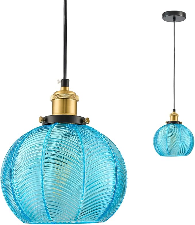 7.8in Vintage Pendant Light 1- Light Kitchen Sink Pendant Lights with Blue Hand Blown Glass Small Hanging Lamp for Kitchen Island Dining Room Bedroom Bathroom Hallway E26