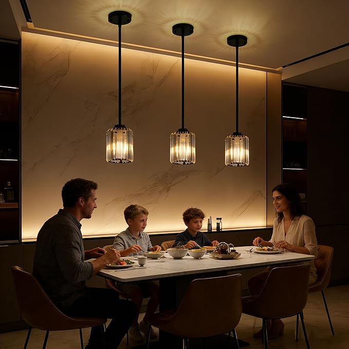 3 Pack Crystal Pendant Lights Kitchen Island, Adjustable Hight Modern Black Mini Chandelier, Ceiling Hanging Light Fixtures, Lamparas Colgantes for Kitchen Hallway Dining Room Bedroom
