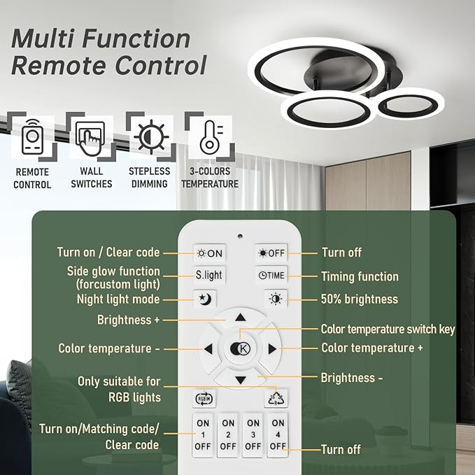 Acrylic Modern Led Ceiling Light 3 Rings Black Ceiling Light Fixture Dimmable Flush Mount Ceiling Light with Remote Control for Bedroom Dining Room Kitchen Office Lamp